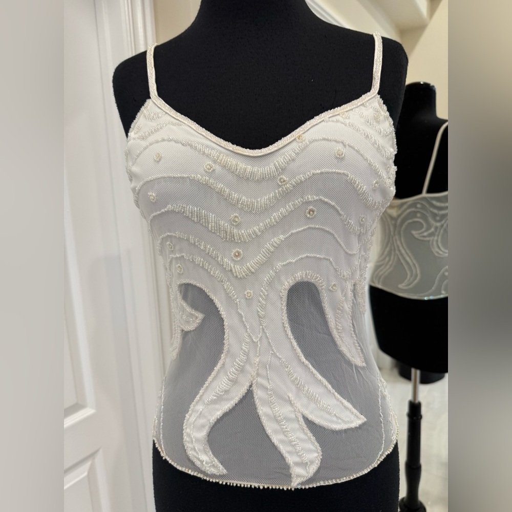 Delicate White hand Beaded Mesh‎ Cami Top on stretch mesh - Picture 2 of 3